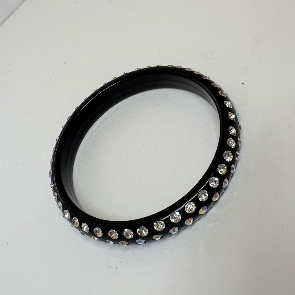 Black Resin Bangle Bracelet with Clear and AB Iridescent Rhinestones